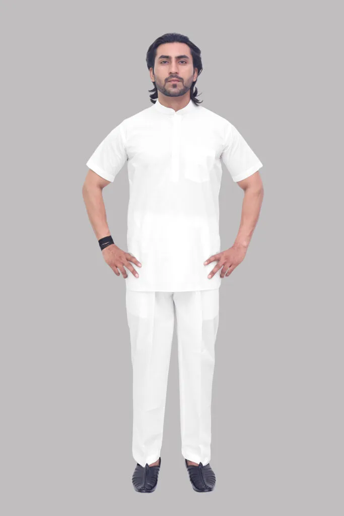 Men's White Half Sleeve Cotton Kurta - Patwa & Company