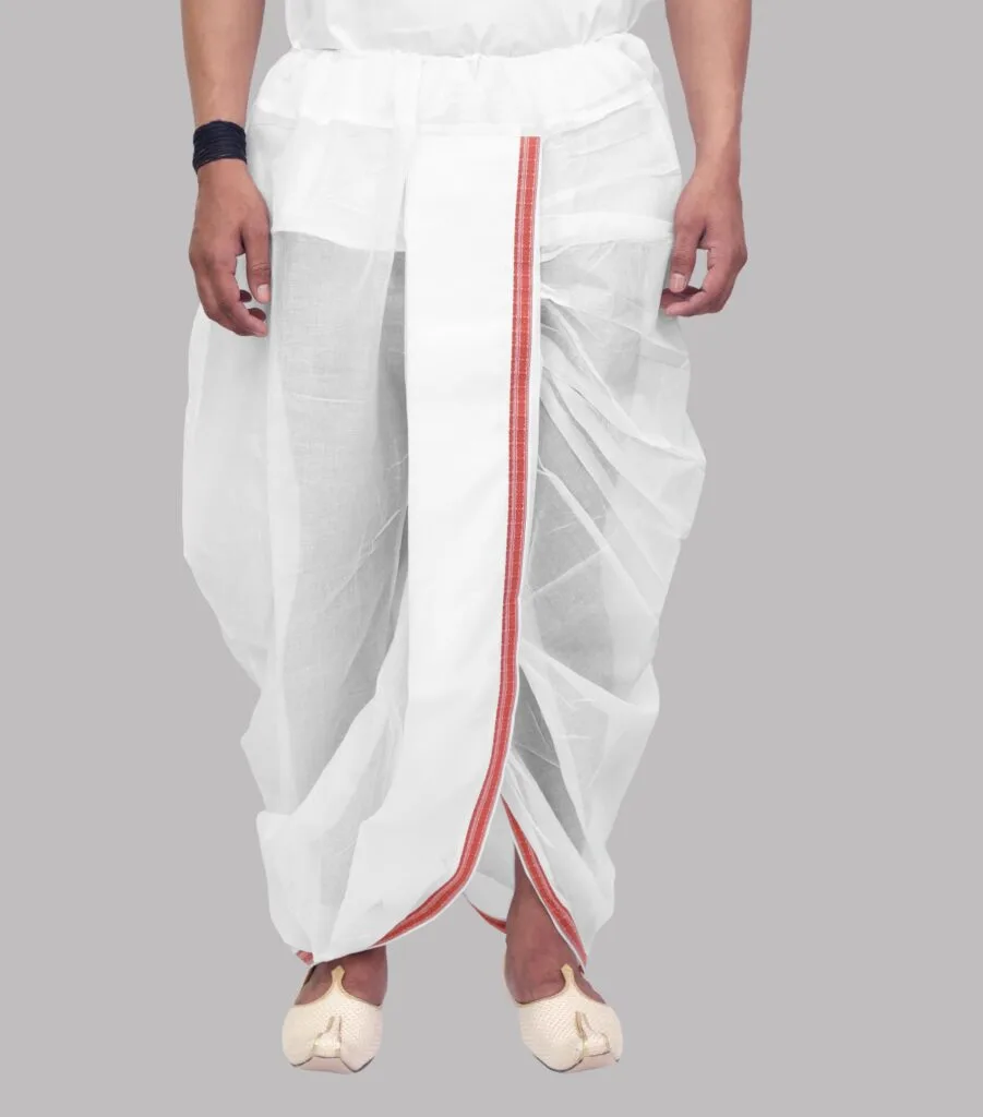 White Cotton Pre-Stitched Dhoti for Men - Patwa & Company