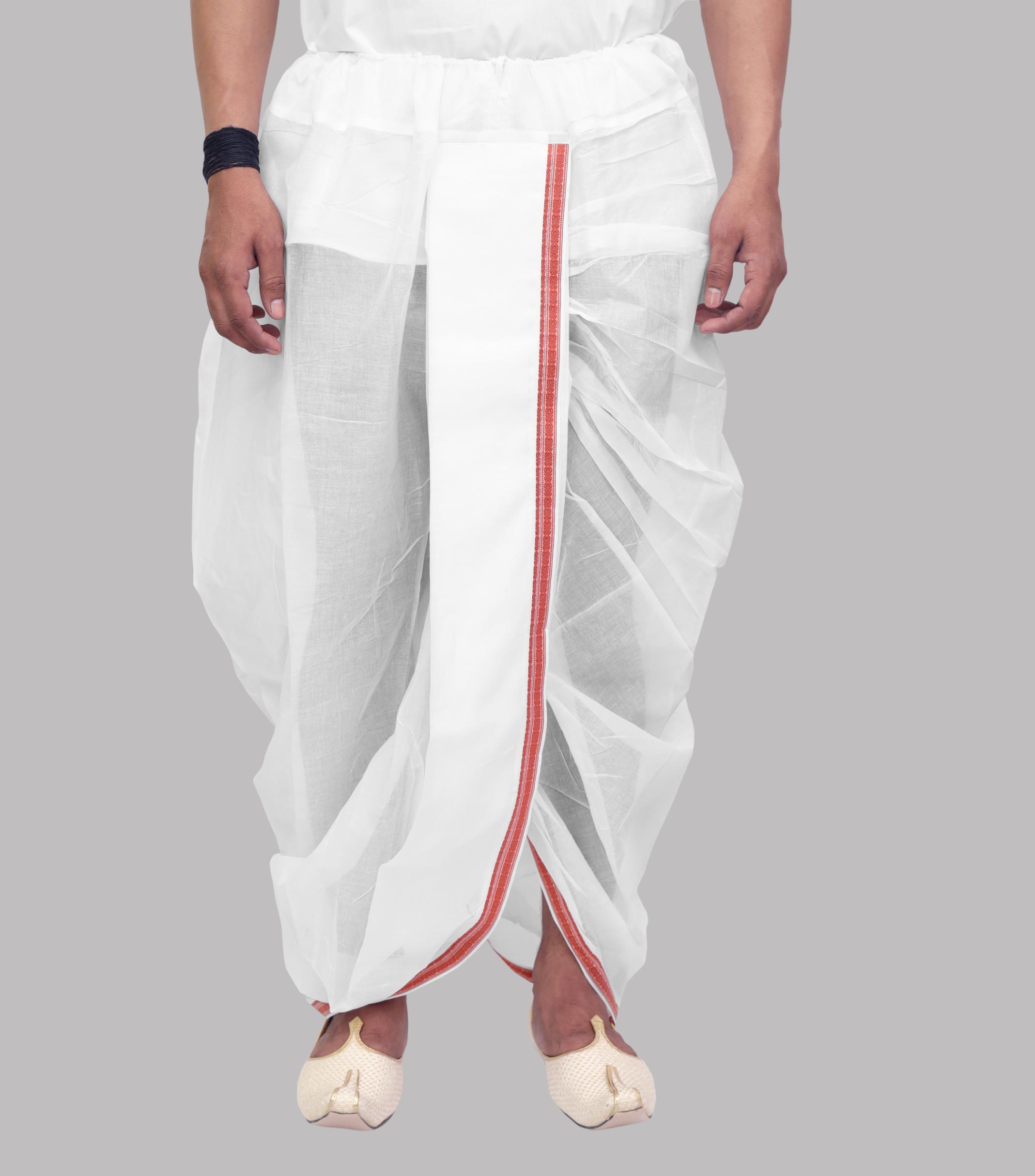 0I6A8106 White Cotton Pre-Stitched Dhoti for Men – Ready-to-Wear Traditional Elegance - Image 1