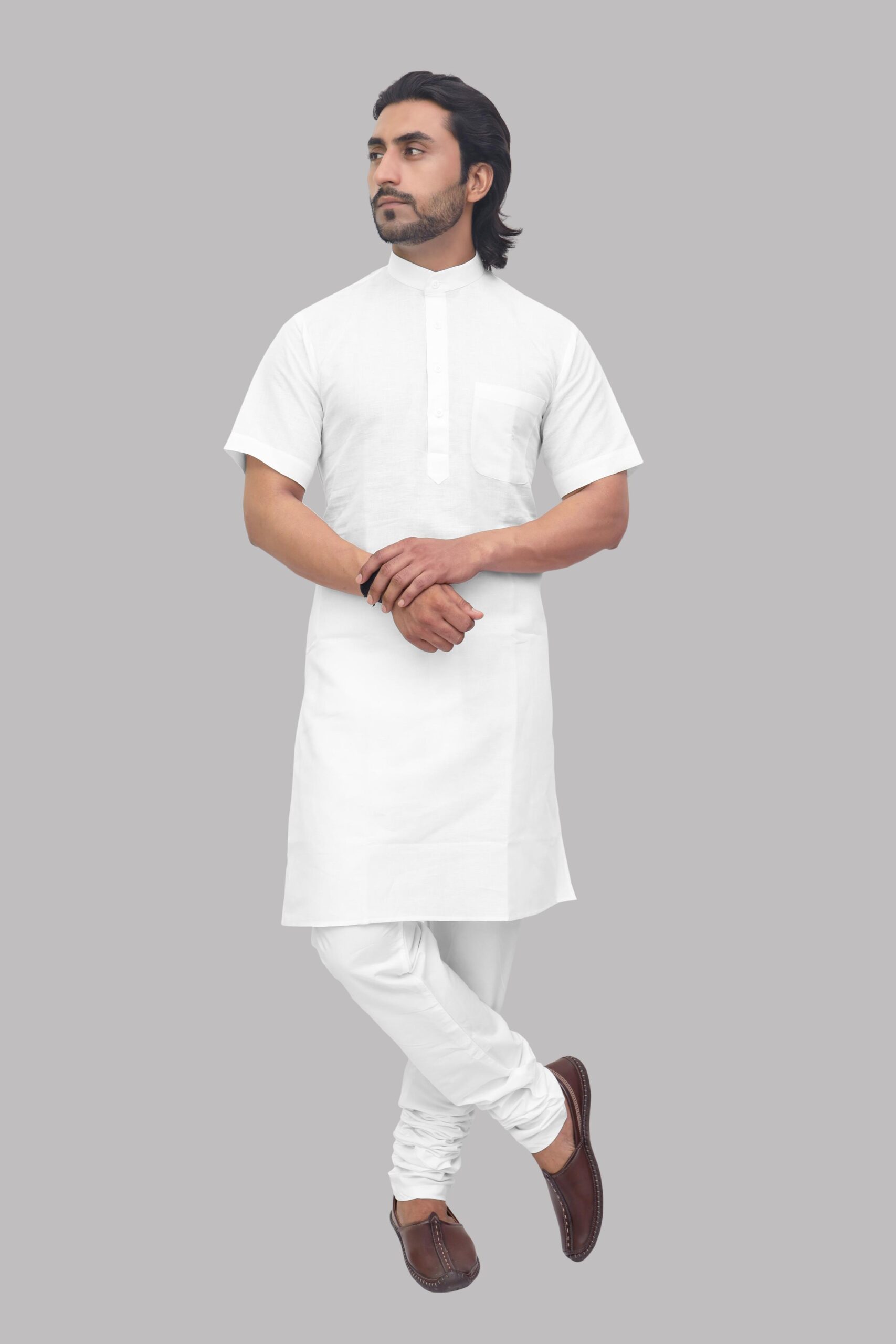 0I6A8152 White Half Sleeve Modi Kurta for Men – Casual Cotton Kurta for Daily Wear & Pooja - Image 1