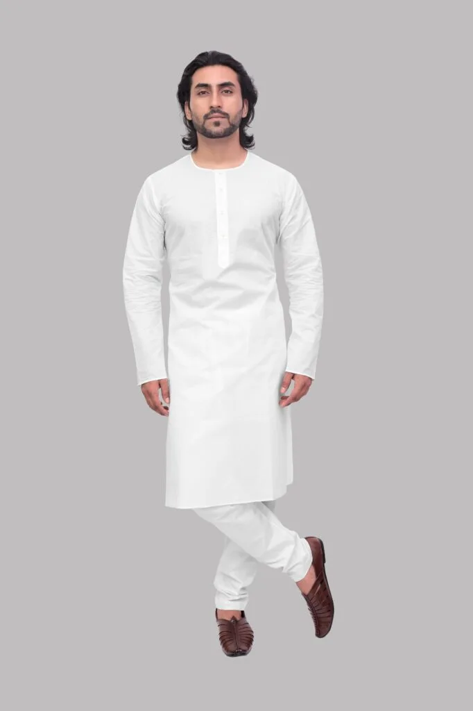 Men's White Round Neck Cotton Kurta - Patwa & Company