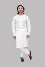 Men's White Round Neck Cotton Kurta - Patwa & Company