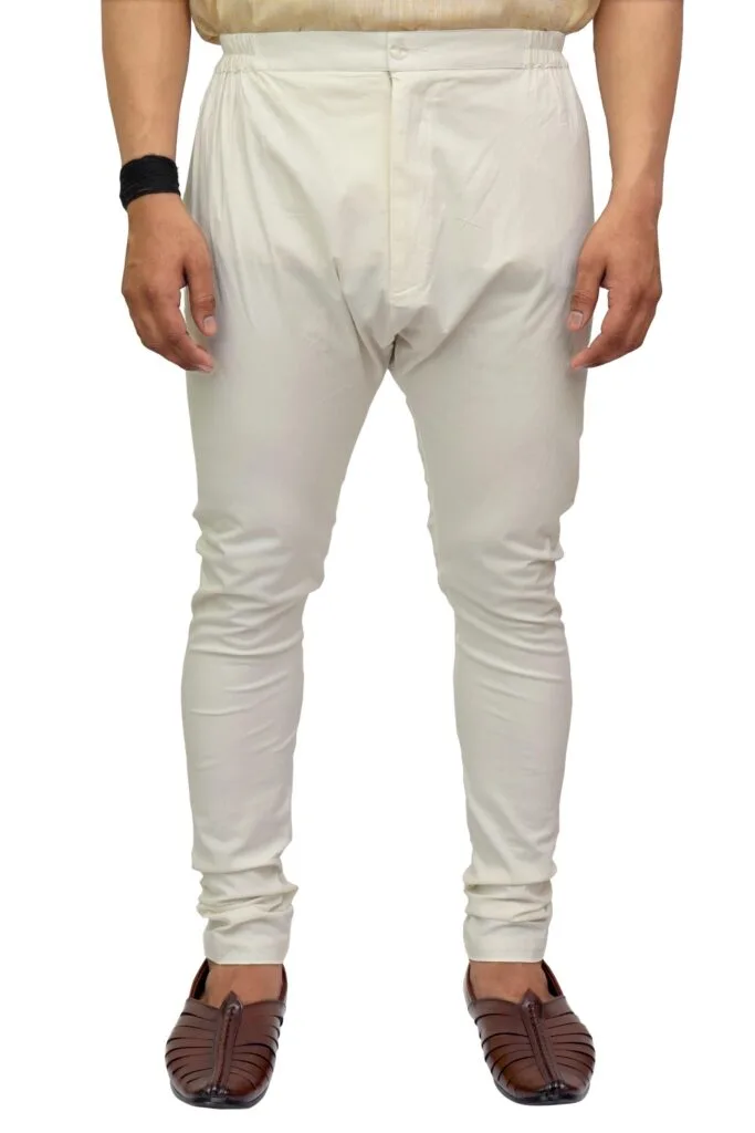 Men's Cream Churidar Pyjama with Button & Zip - Patwa & Company