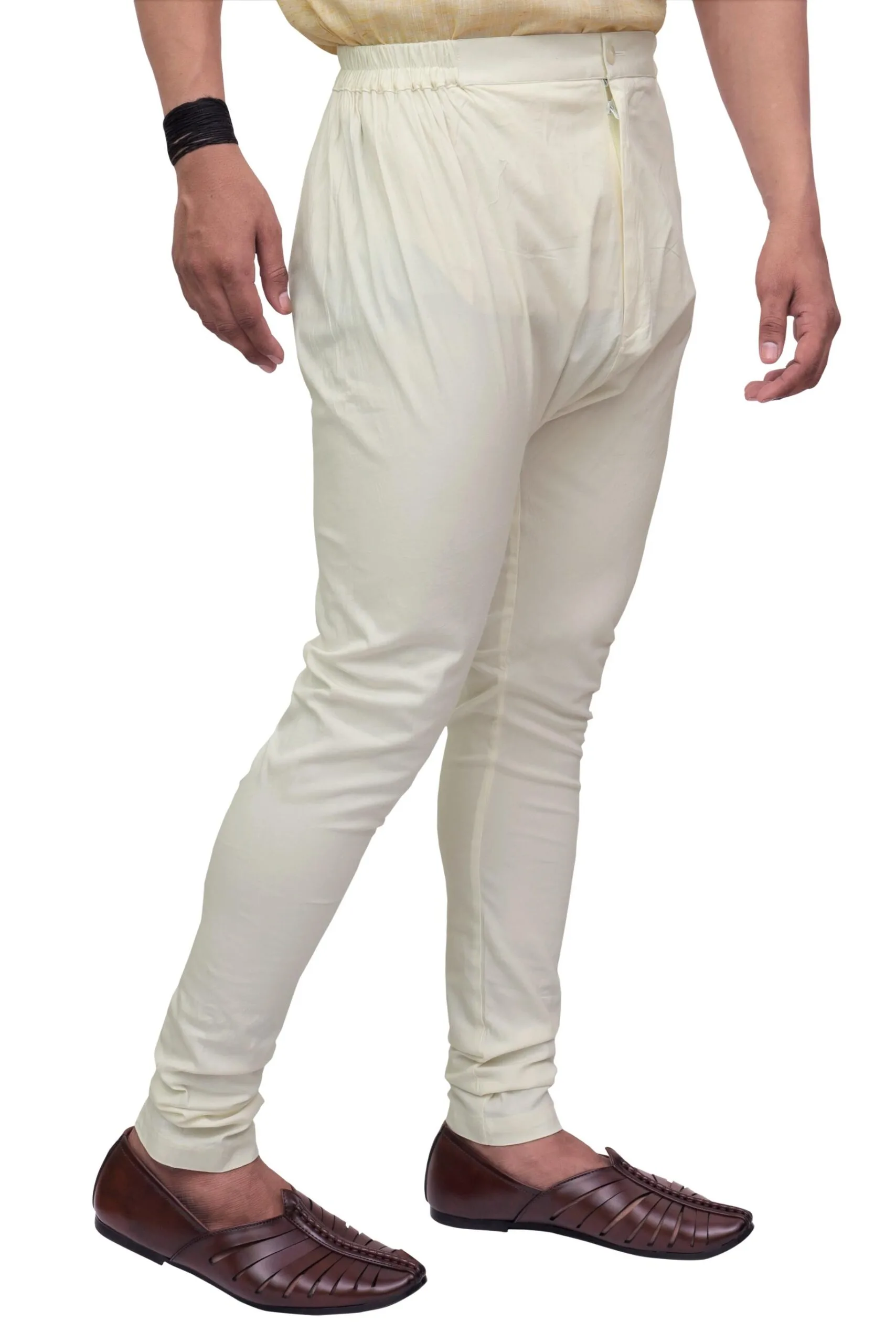 Men's Cream Churidar Pyjama with Button & Zip - view 2