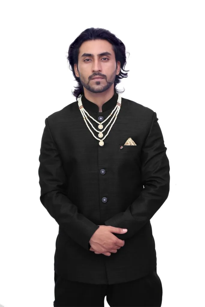 Black Jodhpuri Coat for Men with Bottom Fabric – Stitched Jacket + Unstitched Pant - Patwa & Company