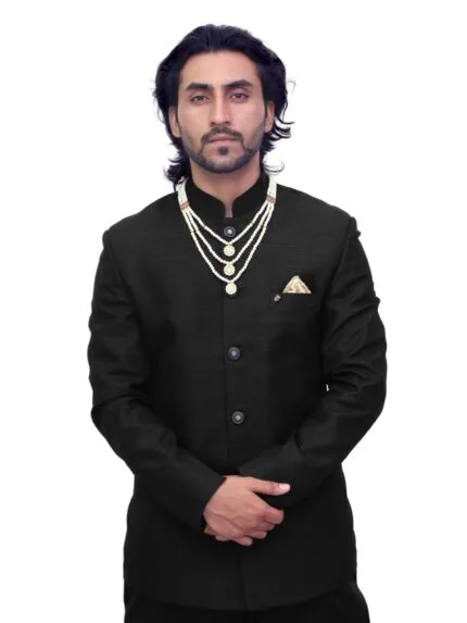 Black Jodhpuri Coat for Men with Bottom Fabric – Stitched Jacket + Unstitched Pant - Patwa & Company