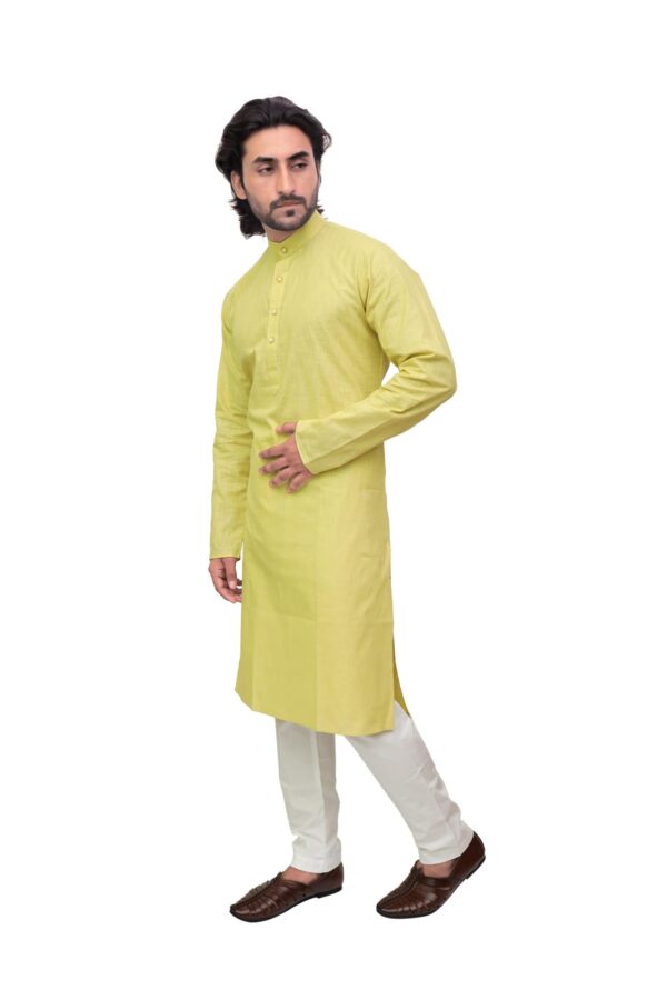 Side angle of Patwa cotton kurta in vibrant color – worn by male model