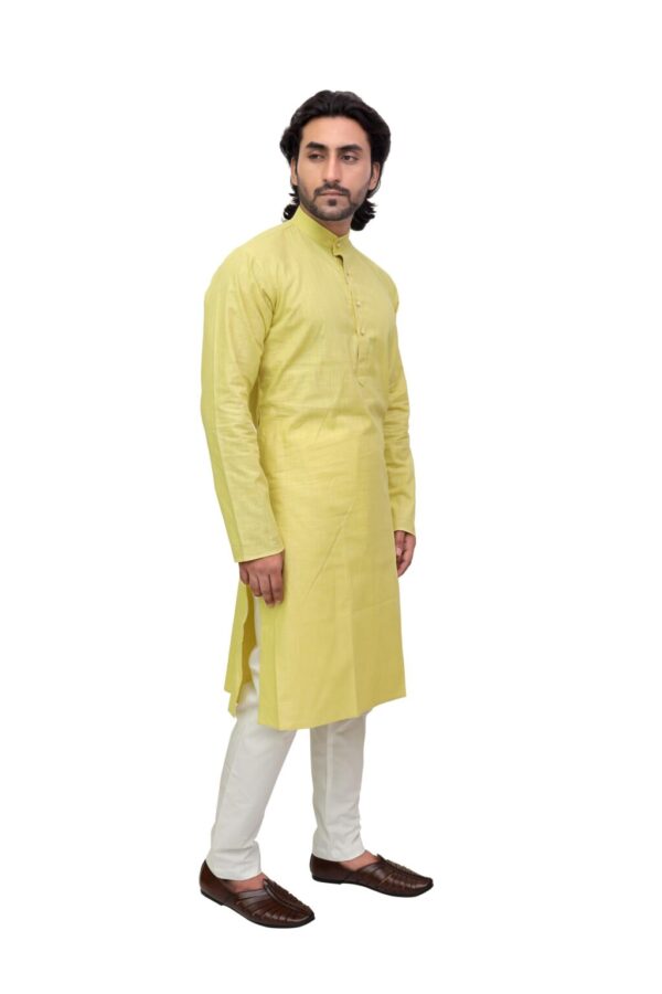 Side angle of Patwa cotton kurta in vibrant color – worn by male model