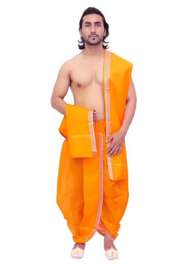 Patwa cotton dhoti and dupatta set for puja wear – front view