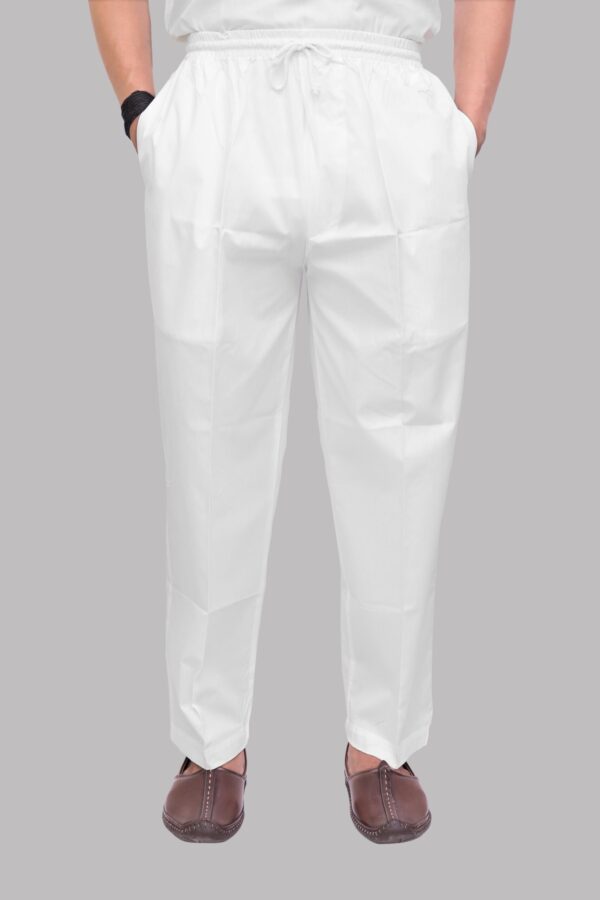 Front view of men’s white cotton pyjama with flat strings and pockets – Patwa