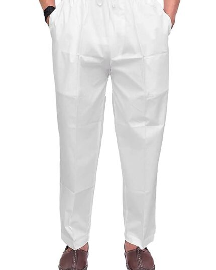 Front view of white cotton pyjama with zip and elastic"