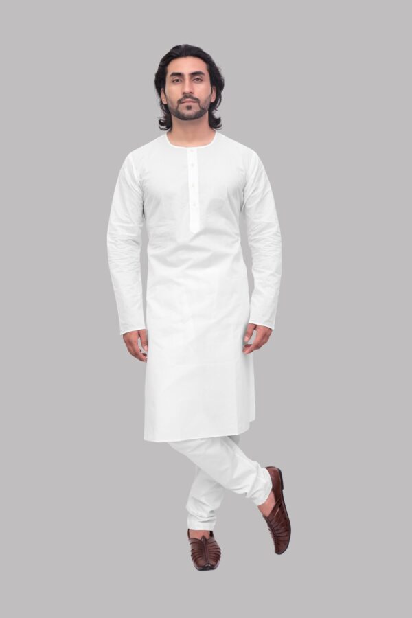 Front view of white round neck cotton kurta for men – Patwa Jaipur