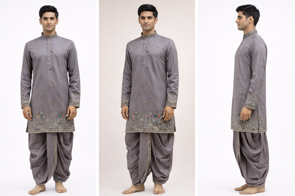 Grey Kalamkari Border Kurta Dhoti Set - Patwa & Company