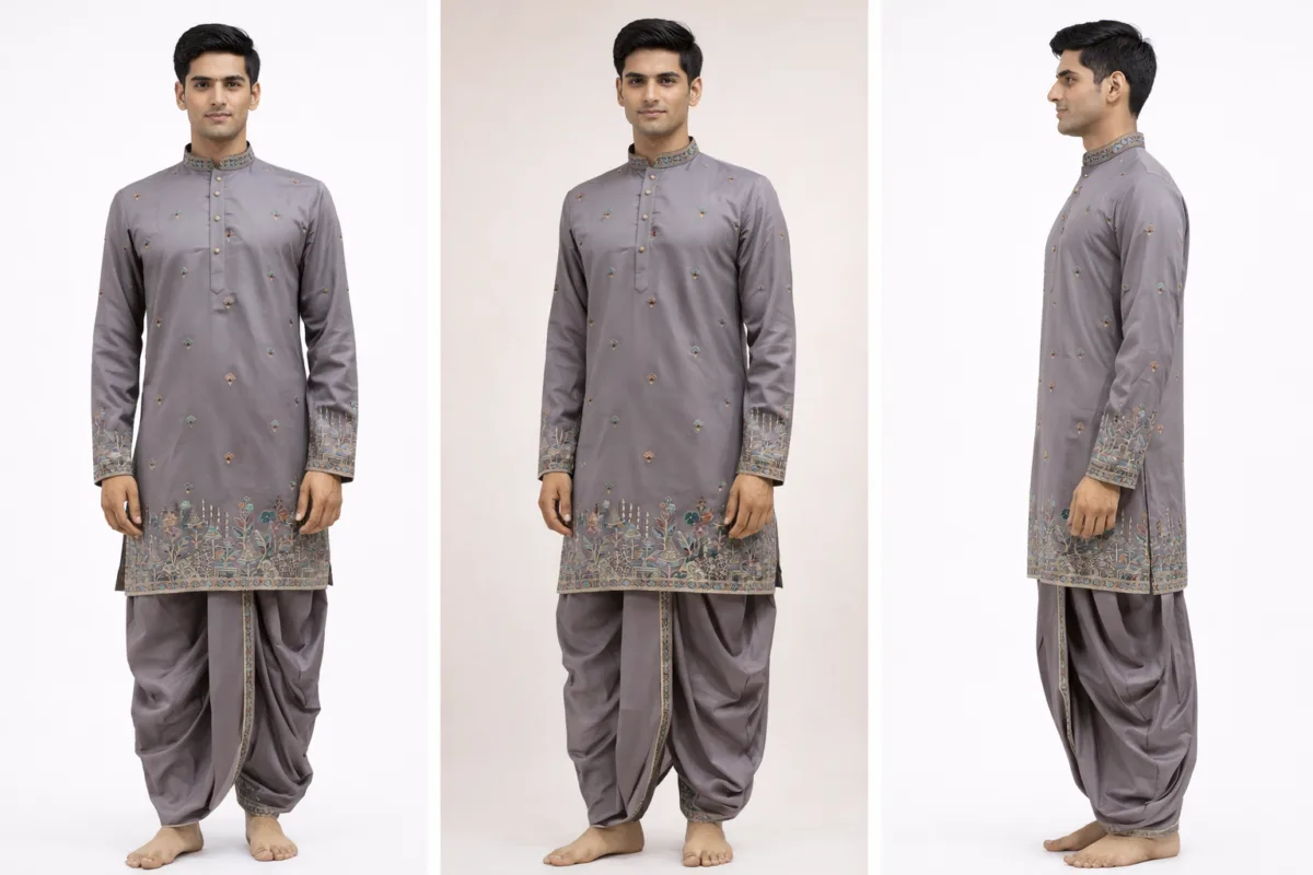 Grey Kalamkari Border Kurta Dhoti Set - Patwa & Company