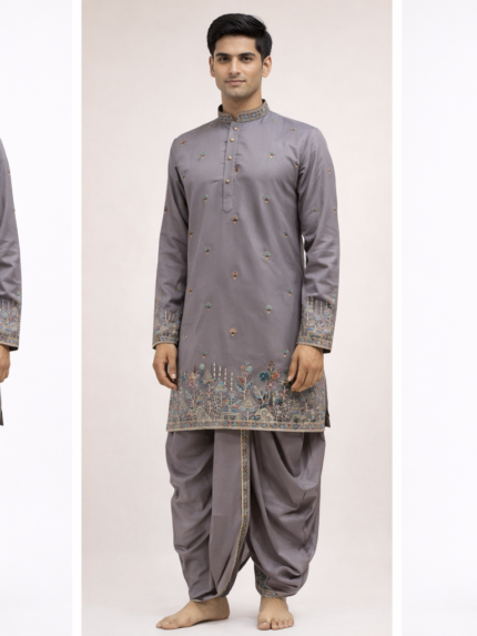 Grey Kalamkari Border Kurta Dhoti Set - Patwa & Company