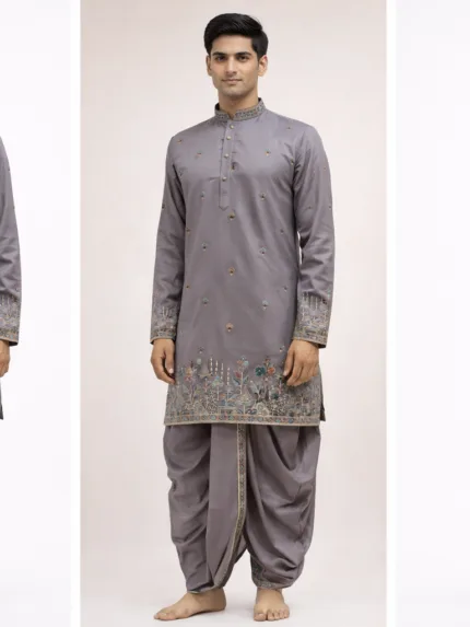 Grey Kalamkari Border Kurta Dhoti Set - Patwa & Company