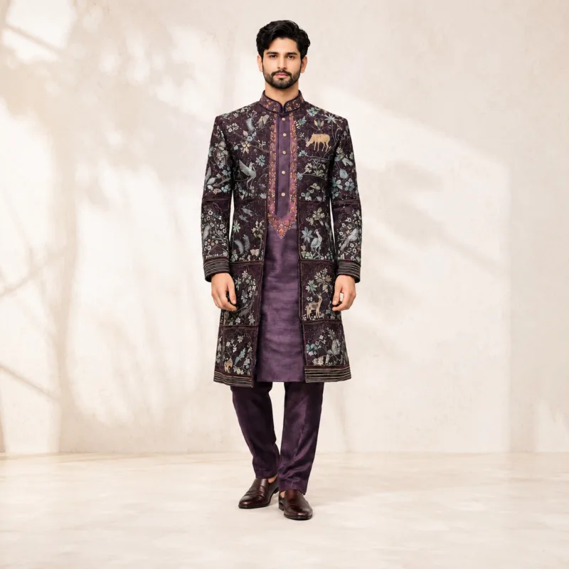 Men's Plum Mughal Wildlife Indo-Western Sherwani Set - Patwa & Company