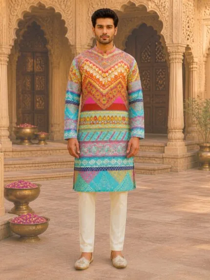 Men's Multicolour Kutchi Patchwork Printed Cotton Kurta - Patwa & Company