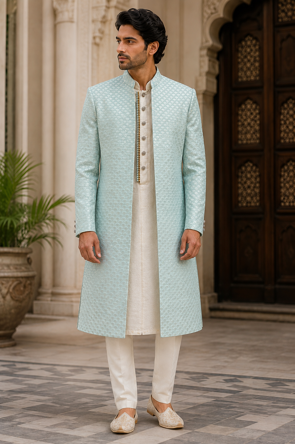 Blue_shervani_front Royal Blue Embroidered Sherwani - Image 1