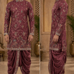 Wine Resham Jaal Embroidered Kurta Dhoti Set - Patwa & Company