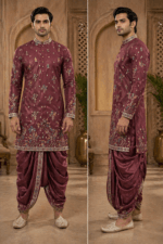 Wine Resham Jaal Embroidered Kurta Dhoti Set - Patwa & Company