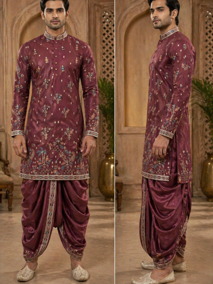 Wine Resham Jaal Embroidered Kurta Dhoti Set - Patwa & Company