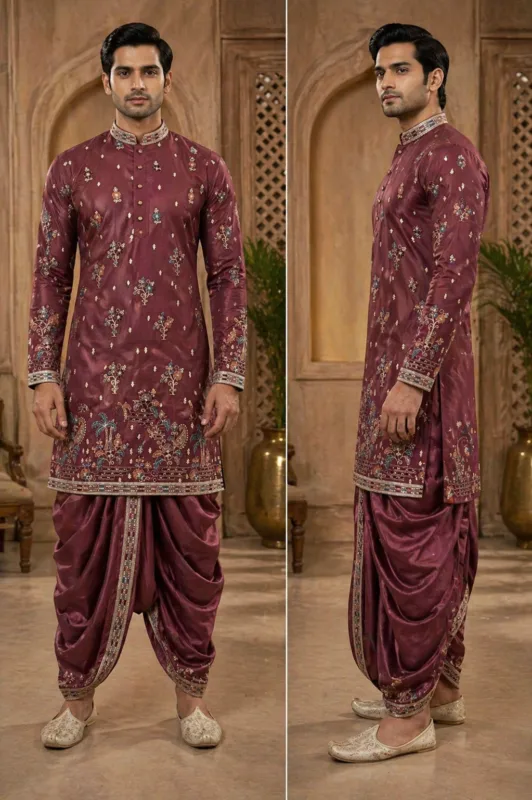 Wine Resham Jaal Embroidered Kurta Dhoti Set - Patwa & Company