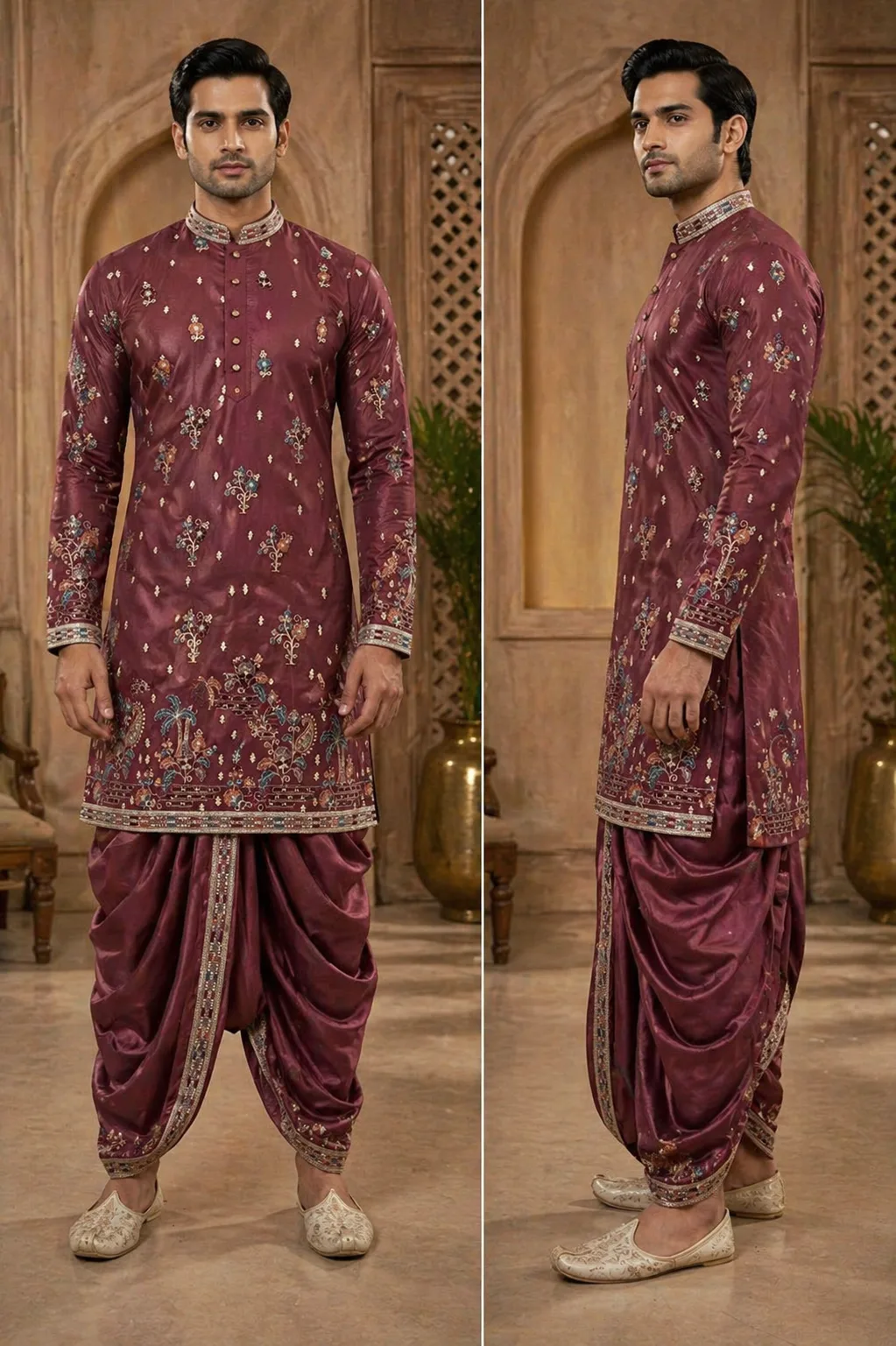 Wine Resham Jaal Embroidered Kurta Dhoti Set - Patwa & Company