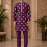 Men's Purple Buta Embroidered Kurta Pyjama Set
