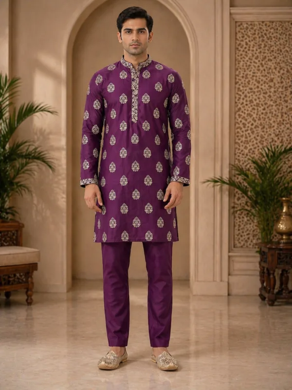 Men's Purple Buta Embroidered Kurta Pyjama Set - Patwa & Company