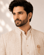 Men's Cream Chikankari Embroidered Indo-Western Sherwani Set - view 4