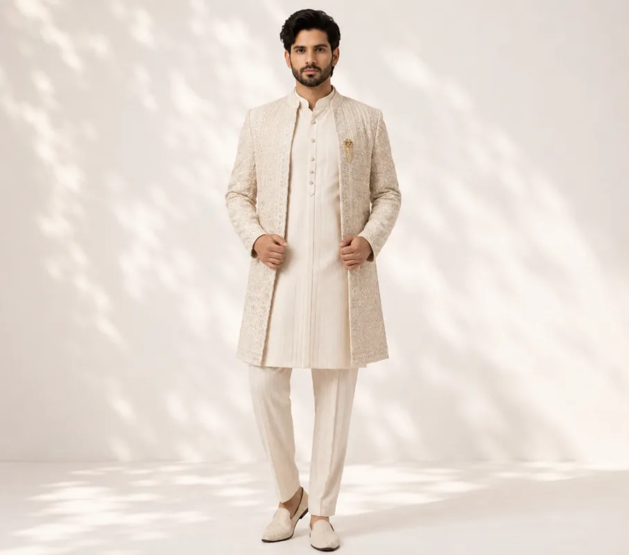Men's Cream Chikankari Embroidered Indo-Western Sherwani Set - Patwa & Company