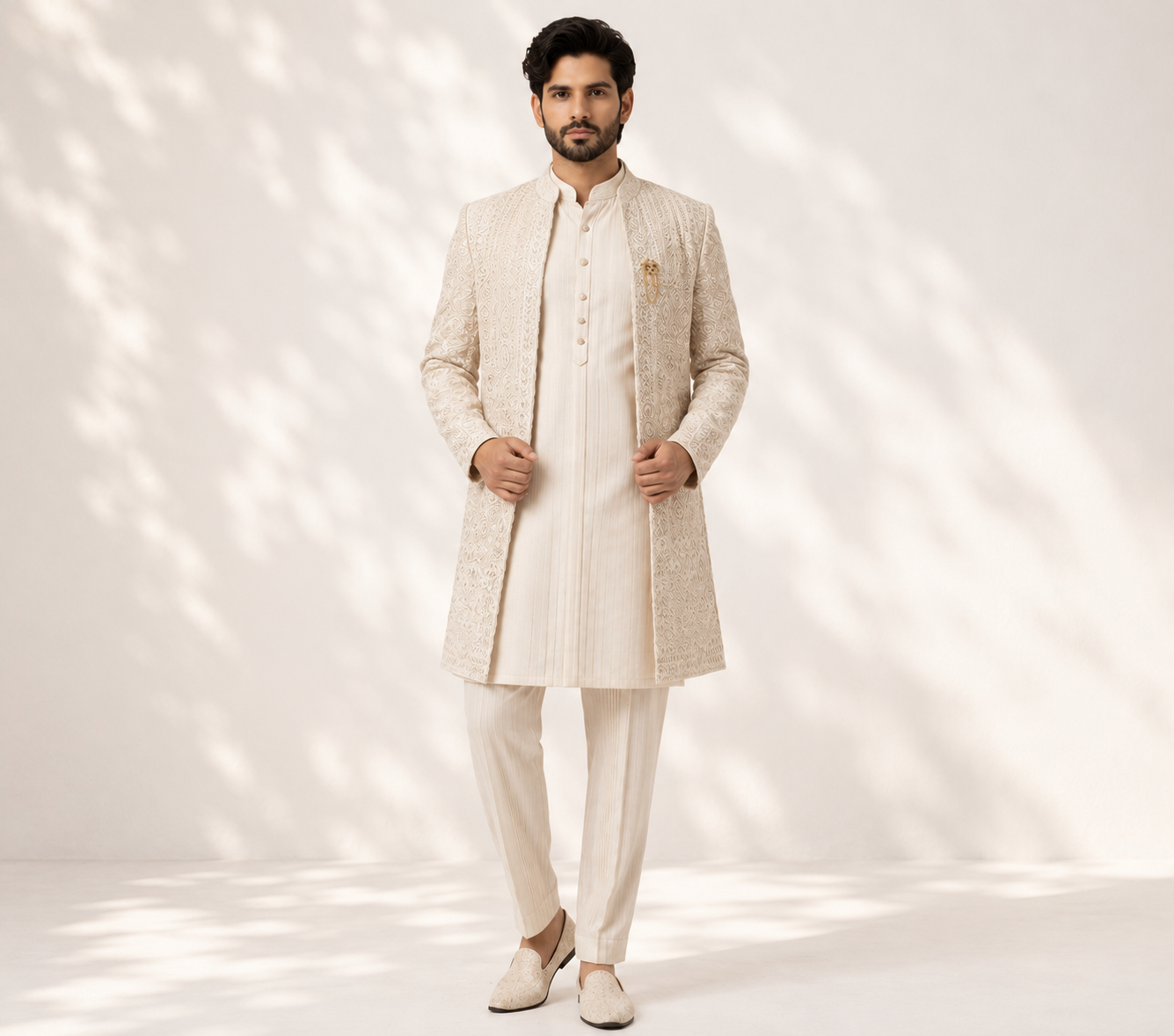 Cream Indo-western_front.jpeg Men's Cream Chikankari Embroidered Indo-Western Sherwani Set - Image 1