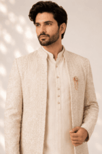 Men's Cream Chikankari Embroidered Indo-Western Sherwani Set - view 6