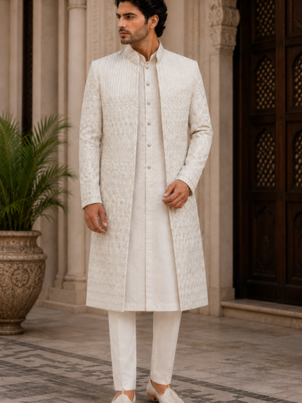 Ivory Cream Embroidered Sherwani - Patwa & Company