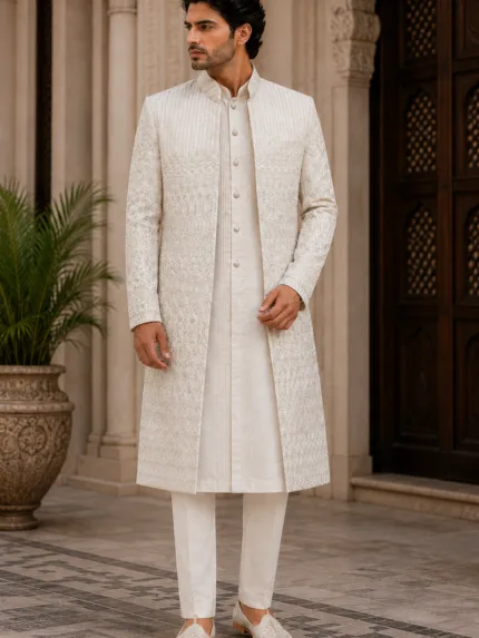 Ivory Cream Embroidered Sherwani - Patwa & Company