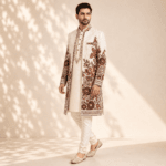 Men's Cream Resham Floral Embroidered Indo-Western Sherwani Set - view 2