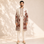 Men's Cream Resham Floral Embroidered Indo-Western Sherwani Set