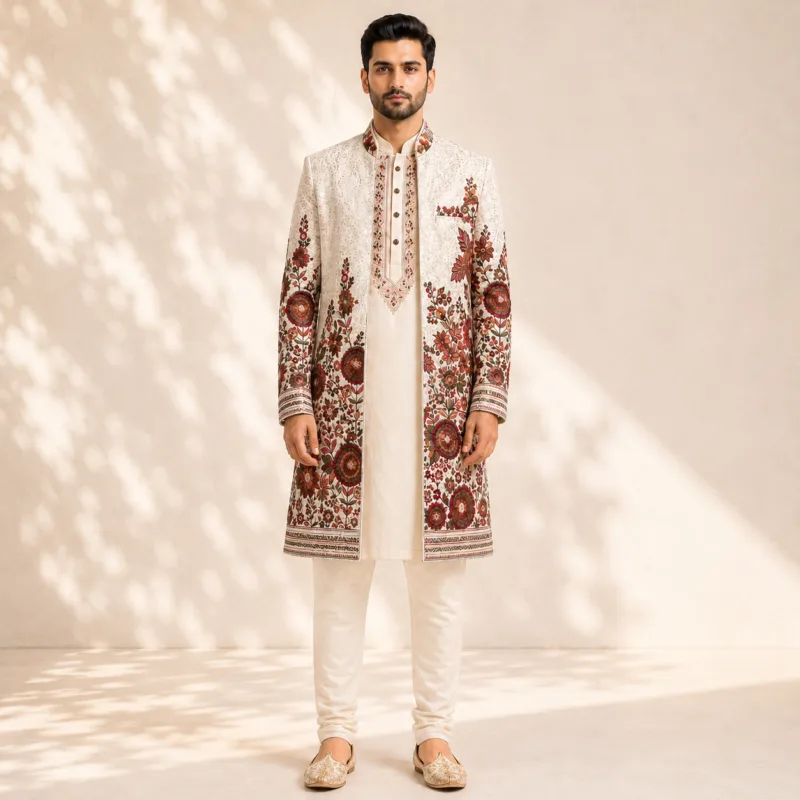 Men's Cream Resham Floral Embroidered Indo-Western Sherwani Set - Patwa & Company