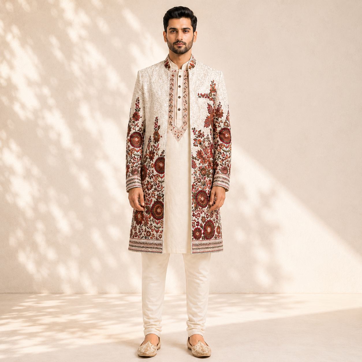 Cream_with_red_work_Indo-western_Front Men's Cream Resham Floral Embroidered Indo-Western Sherwani Set - Image 1