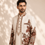 Men's Cream Resham Floral Embroidered Indo-Western Sherwani Set - view 4