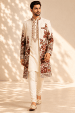 Men's Cream Resham Floral Embroidered Indo-Western Sherwani Set - view 5