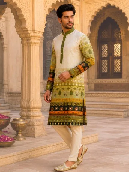 Men's Mehndi Green Ombre Cotton Kurta - Patwa & Company
