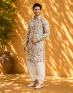 Men's Cream Desert Folk Art Printed Pathani Suit - view 2