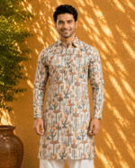 Men's Cream Desert Folk Art Printed Pathani Suit - view 4