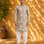 Men's Cream Desert Folk Art Printed Pathani Suit