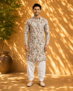 Men's Cream Desert Folk Art Printed Pathani Suit - Patwa & Company