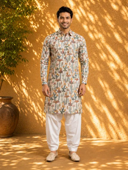 Men's Cream Desert Folk Art Printed Pathani Suit - Patwa & Company