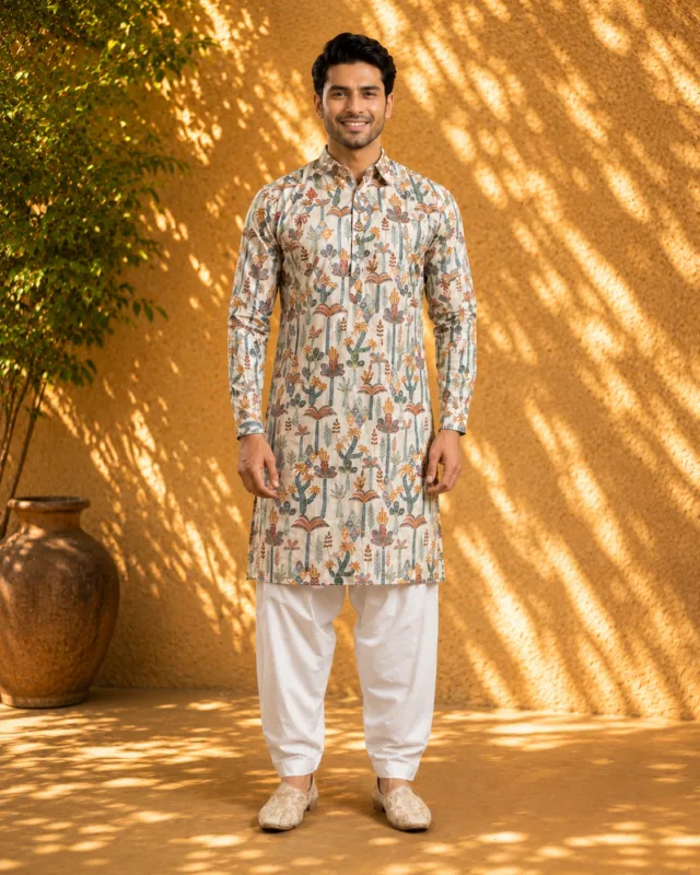 Men's Cream Desert Folk Art Printed Pathani Suit - Patwa & Company