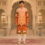 Men's Peach Pichwai Printed Cotton Kurta